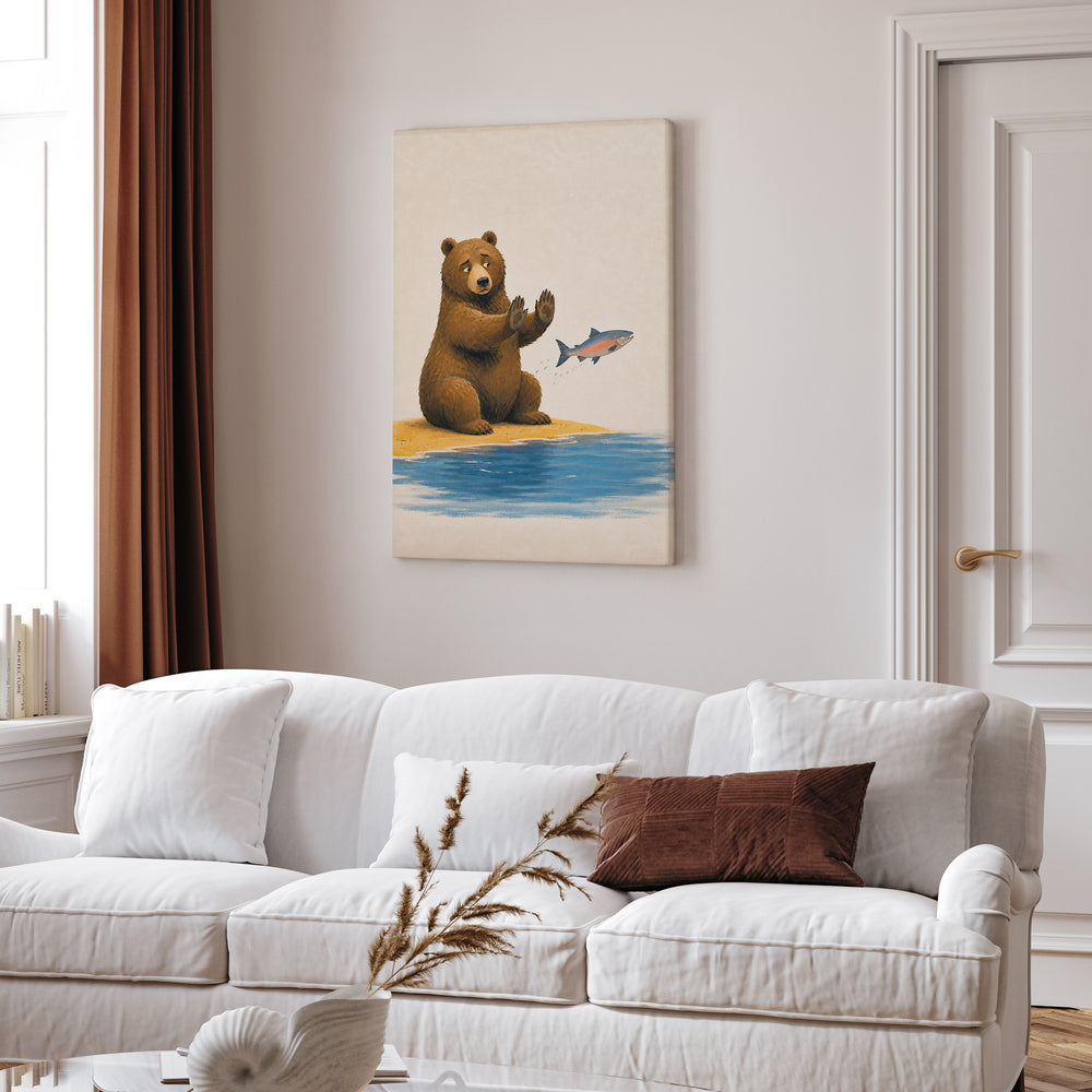 Catch & Release & Catch – Cabin Decor with a Bear and a Ceremonial Salmon – Canvas Wall Art