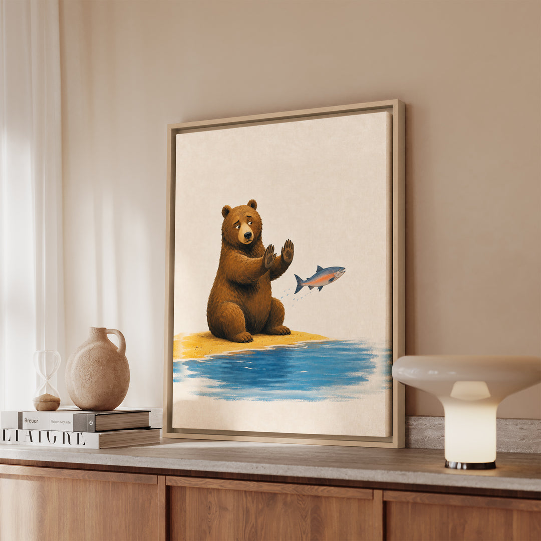 Catch & Release & Catch – Cabin Decor with a Bear and a Ceremonial Salmon – Framed Canvas Wall Art