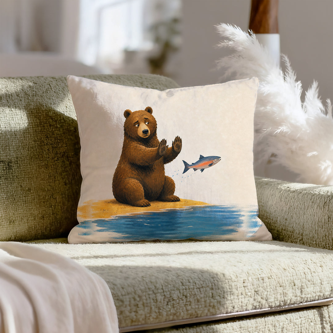 Catch & Release & Catch – Cabin Decor with a Bear and a Ceremonial Salmon – Throw Pillow