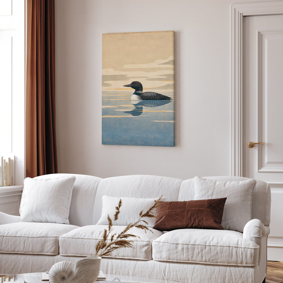 Loon Lake Morning – Lake House Wall Art with Glass Water and Mist – Canvas / Framed Canvas