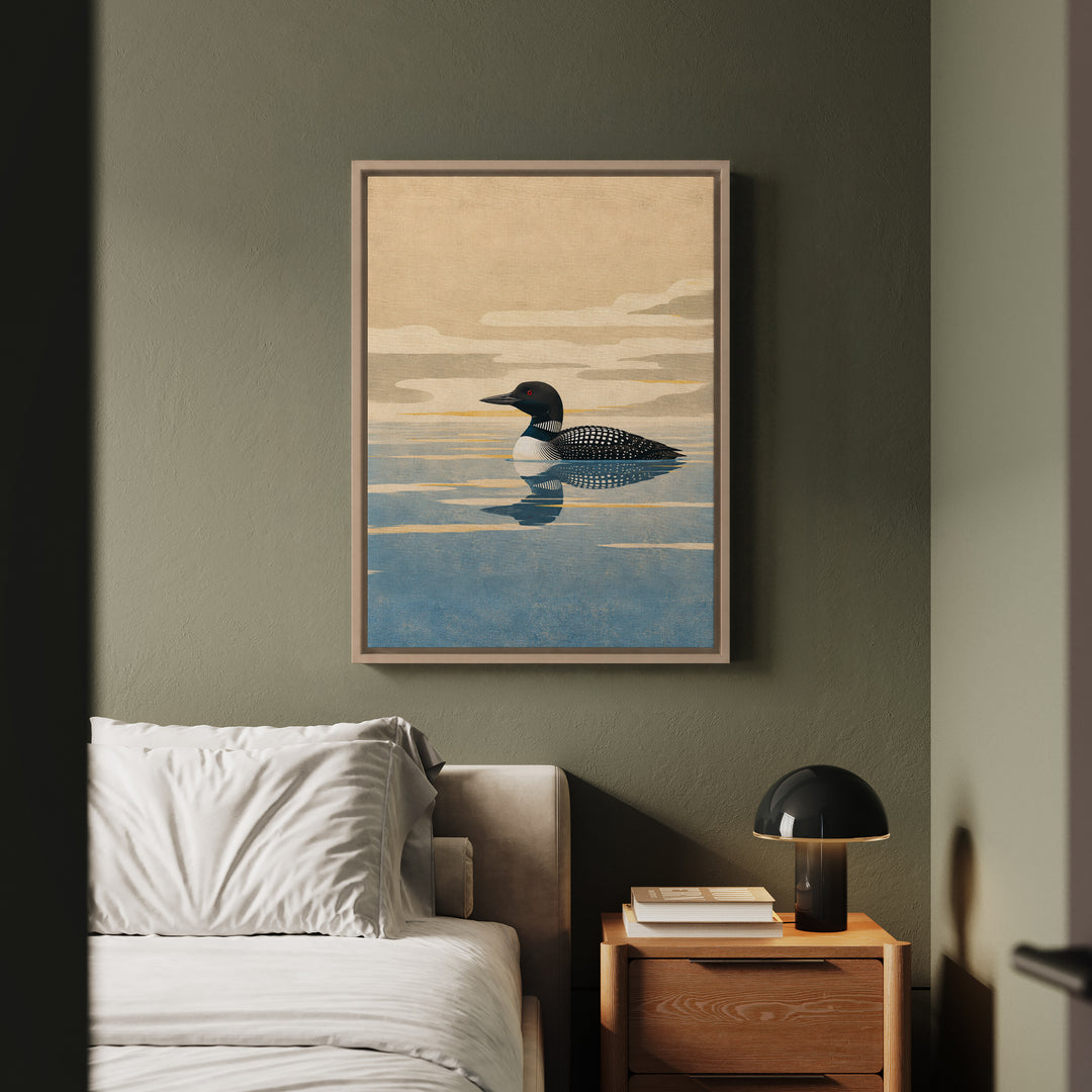 Loon Lake Morning – Lake House Wall Art with Glass Water and Mist – Canvas / Framed Canvas