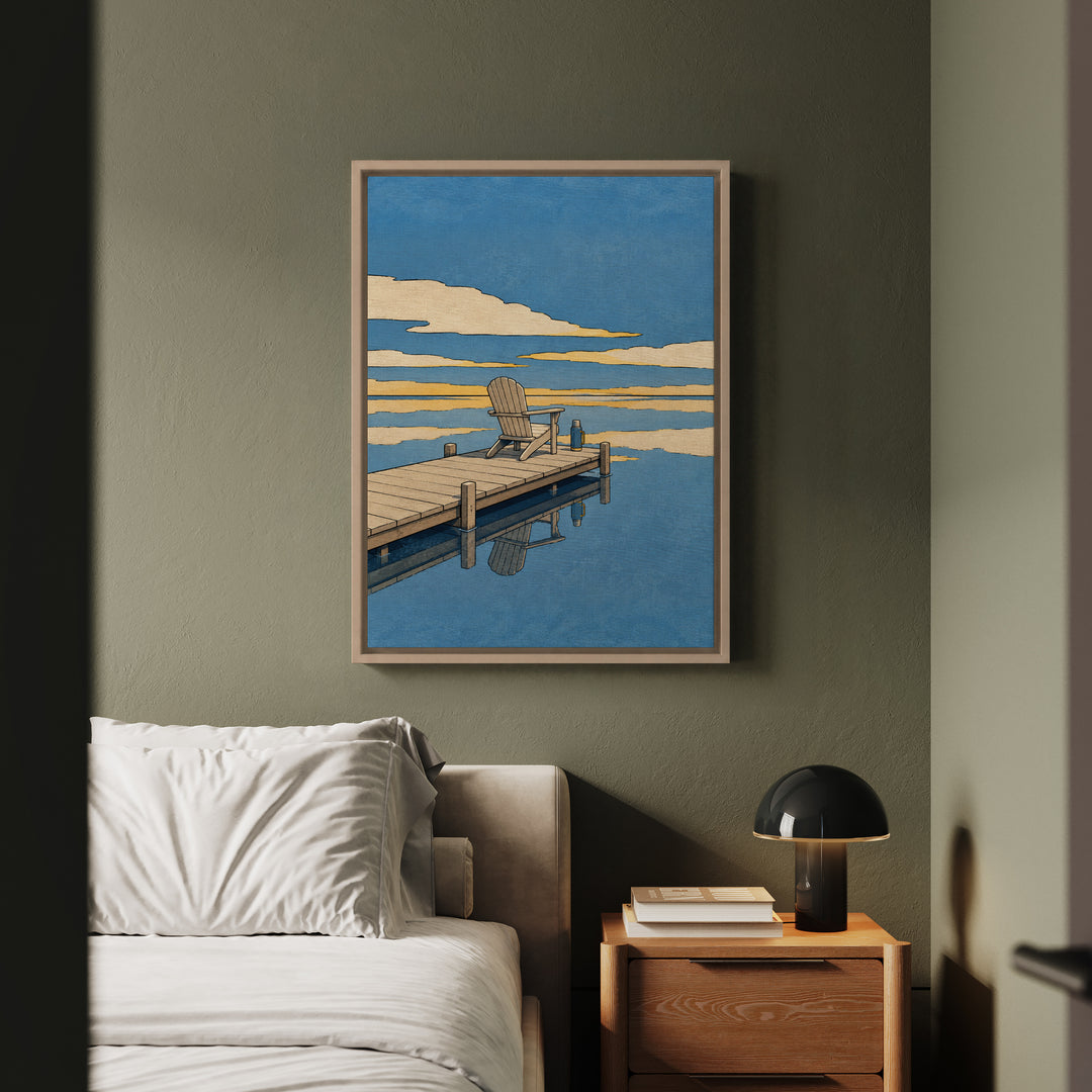 Lake Glass – Lake House Wall Art with a Dock and an Empty Chair – Framed Canvas Wall Art