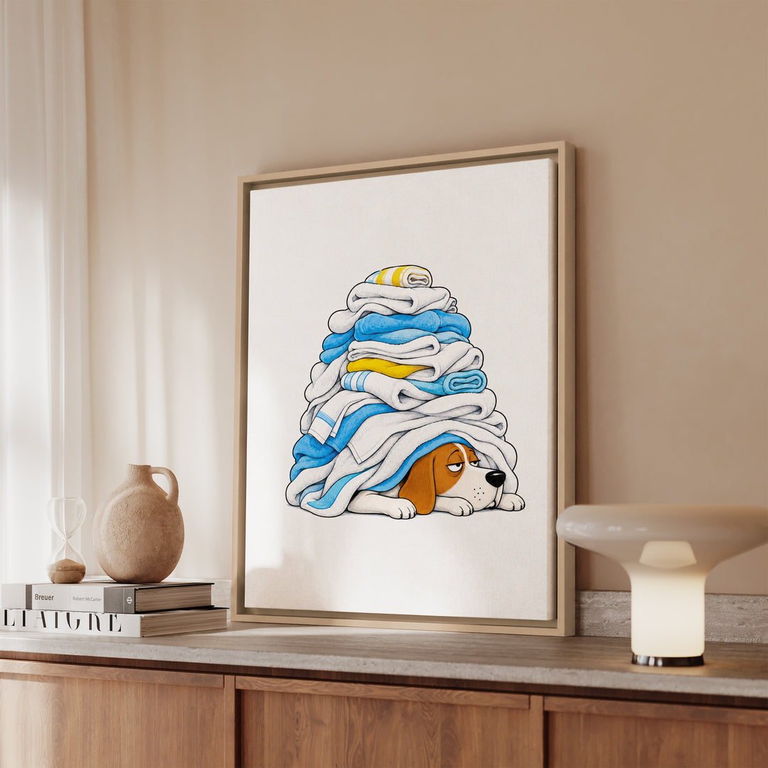 Laundry Day Mood – Laundry Room Decor with a Warm Towel Avalanche – Framed Canvas Wall Art