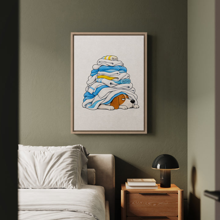 Laundry Day Mood – Laundry Room Decor with a Warm Towel Avalanche – Framed Canvas Wall Art