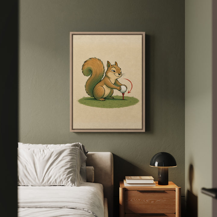 Hole In None – Golf Wall Art with a Squirrel Undoing a Good Shot – Framed Canvas Wall Art