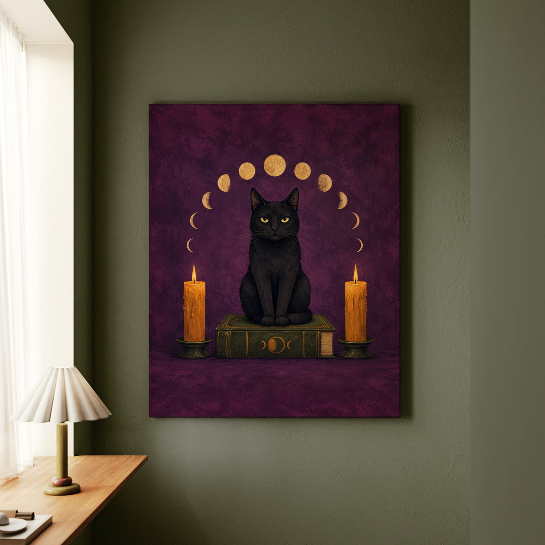 Familiar Business – Witchy Wall Art with a Cat on a Candlelit Grimoire – Canvas / Framed Canvas
