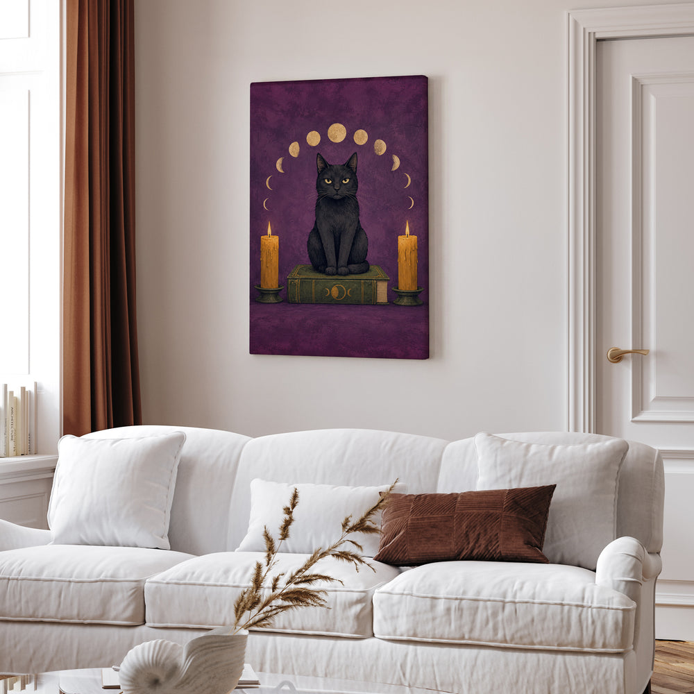 Familiar Business – Witchy Wall Art with a Cat on a Candlelit Grimoire – Canvas Wall Art