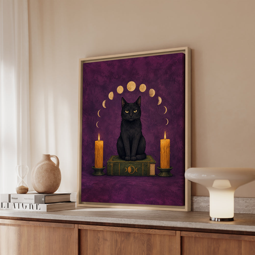 Familiar Business – Witchy Wall Art with a Cat on a Candlelit Grimoire – Canvas / Framed Canvas