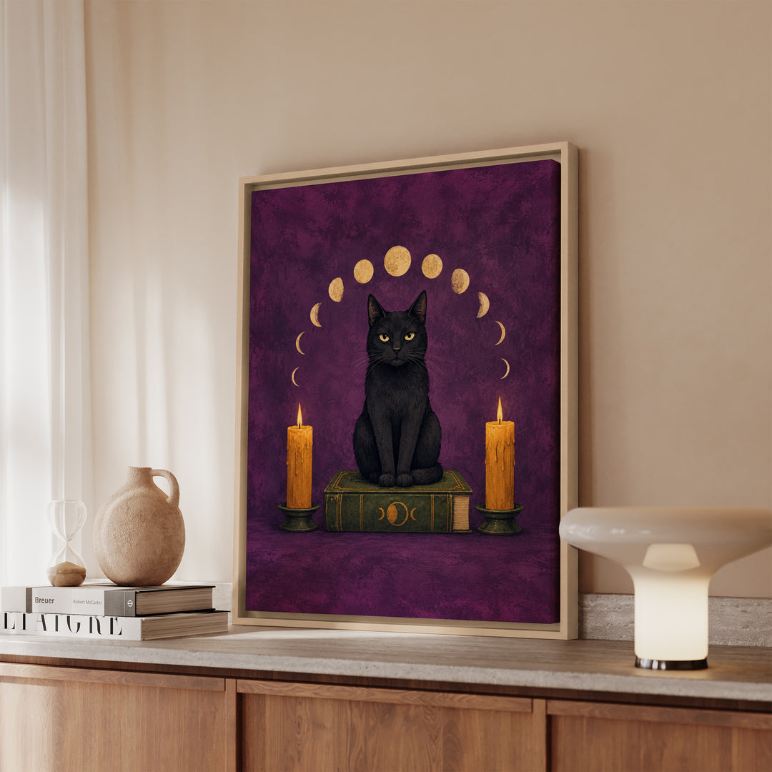 Familiar Business – Witchy Wall Art with a Cat on a Candlelit Grimoire – Framed Canvas Wall Art