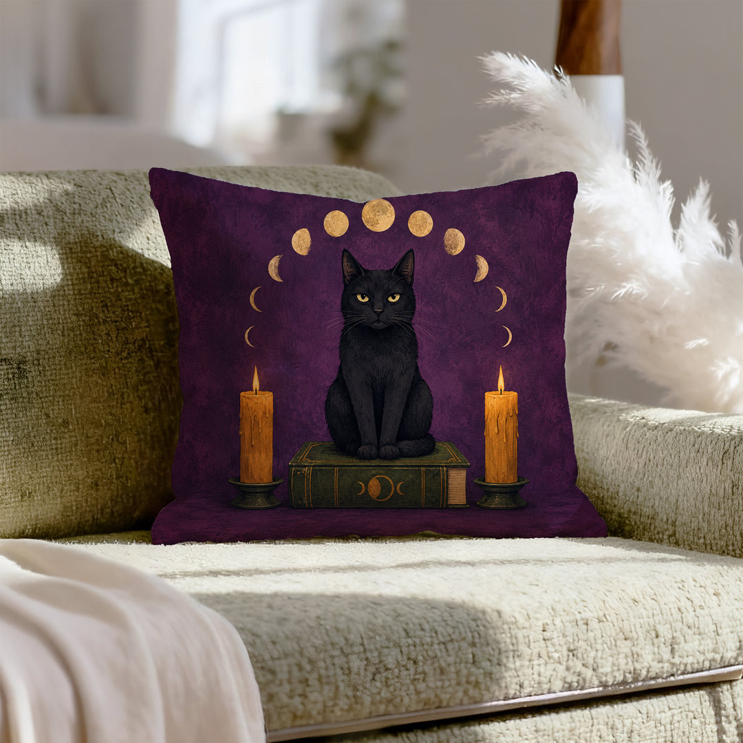 Familiar Business – Witchy Decor with a Cat on a Candlelit Grimoire – Throw Pillow