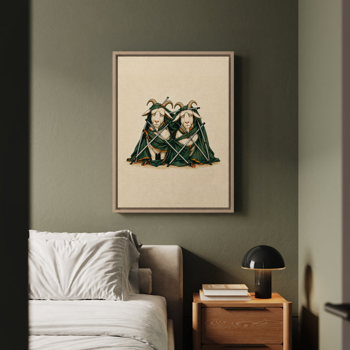 Tent Setup, Hour Three – Outdoor Wall Art with Two Goats Tangled in Poles – Framed Canvas Wall Art