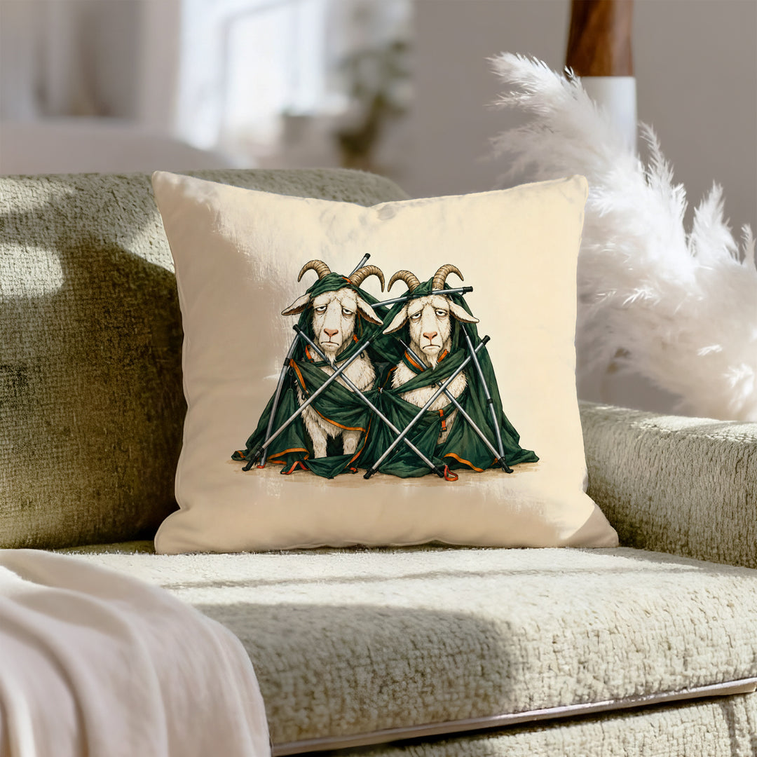 Tent Setup, Hour Three – Outdoor Decor with Two Goats Tangled in Poles – Pillow Cover