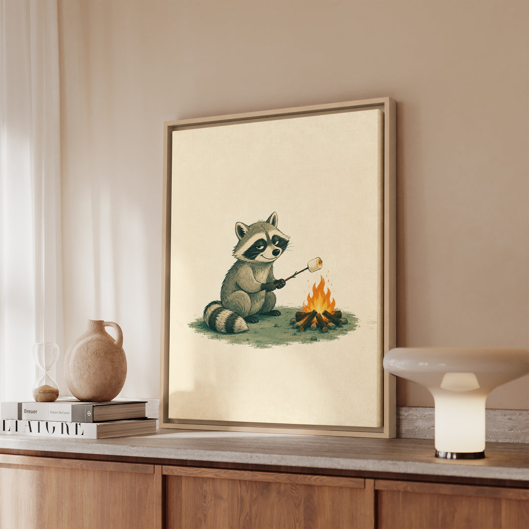S'more Patrol – Raccoon Wall Art with a Borrowed Marshmallow – Framed Canvas Wall Art
