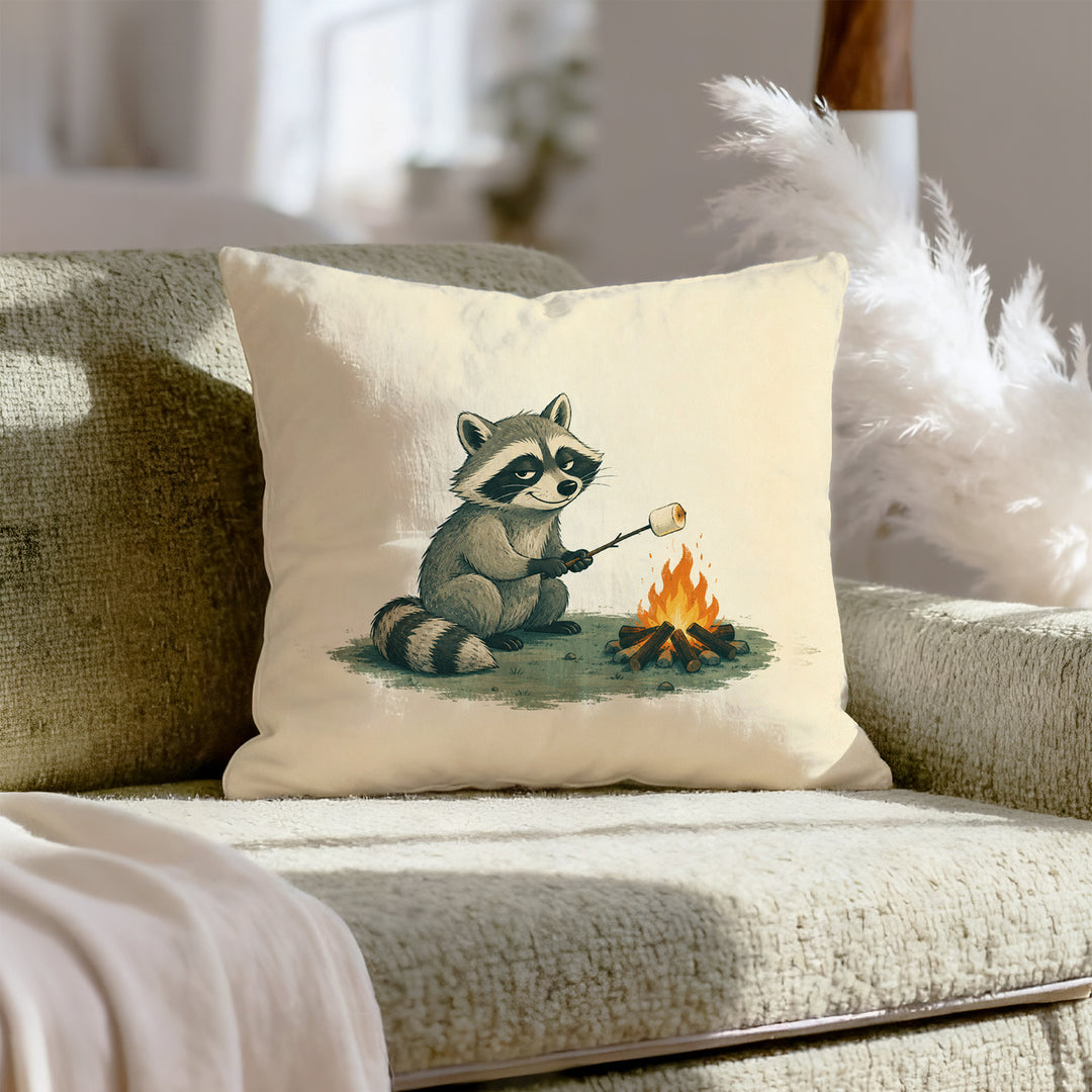 S'more Patrol – Raccoon Decor with a Borrowed Marshmallow – Throw Pillow