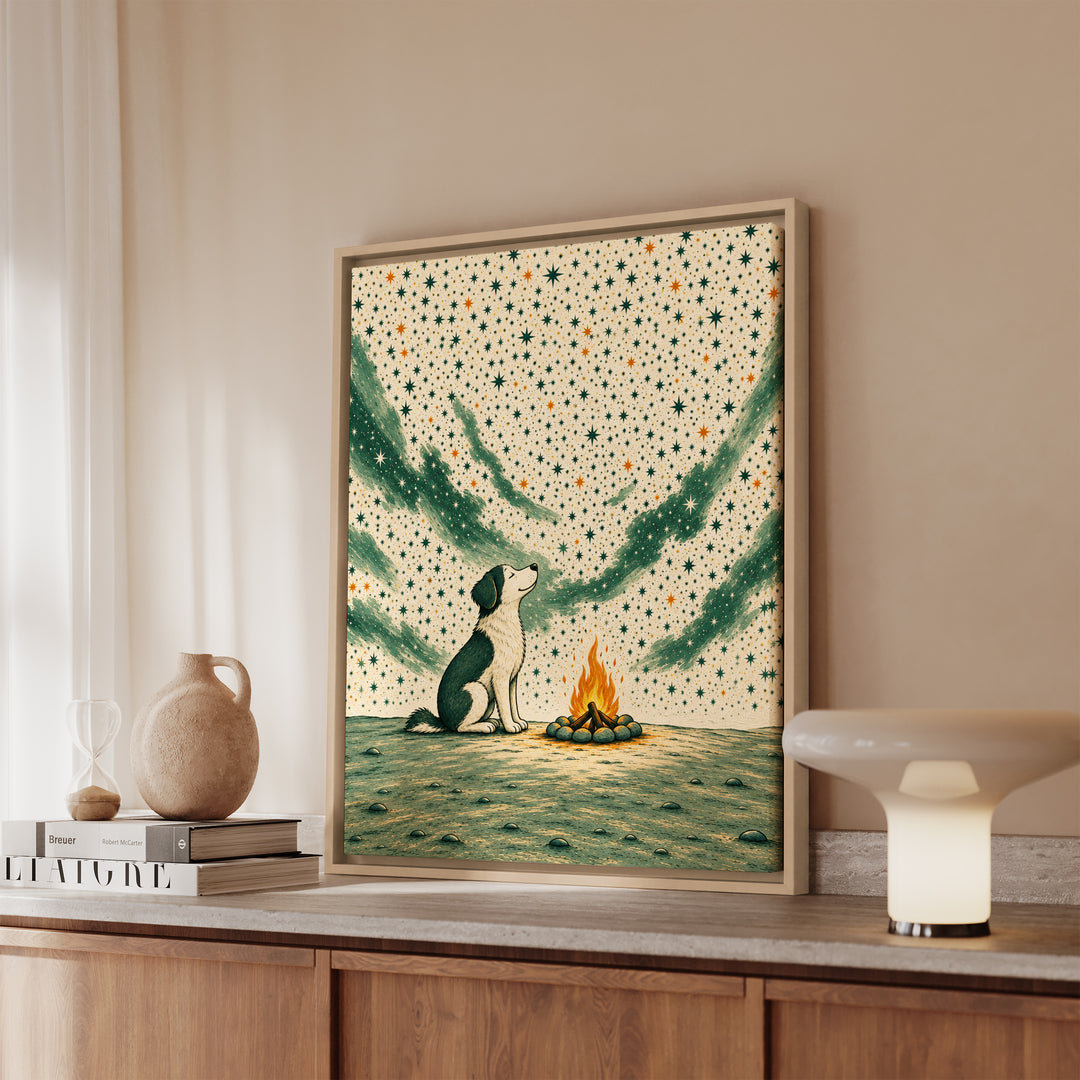 Five Million Stars – Dog Wall Art with a Campfire Under a Huge Sky – Framed Canvas Wall Art