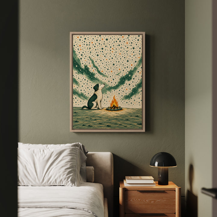 Five Million Stars – Dog Wall Art with a Campfire Under a Huge Sky – Framed Canvas Wall Art