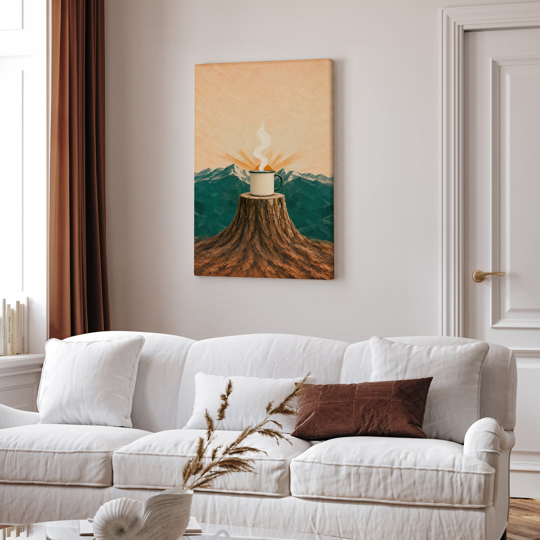 Enamel Mug Sunrise – Mountain Wall Art with a Steaming Cup on a Log – Canvas Wall Art
