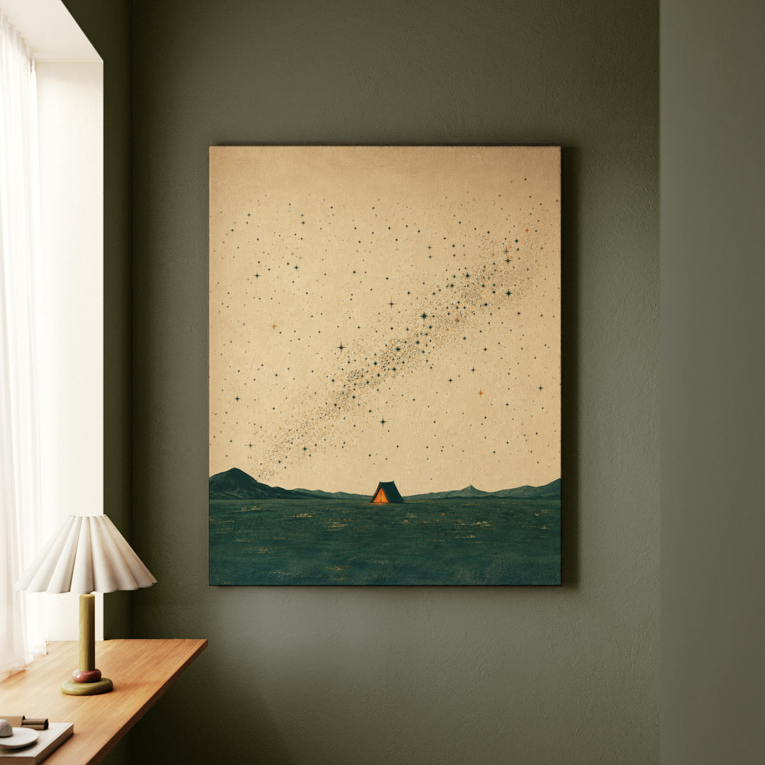 One Tent, Ten Thousand Stars – Outdoor Wall Art with a Glowing Shelter at Night – Canvas Wall Art