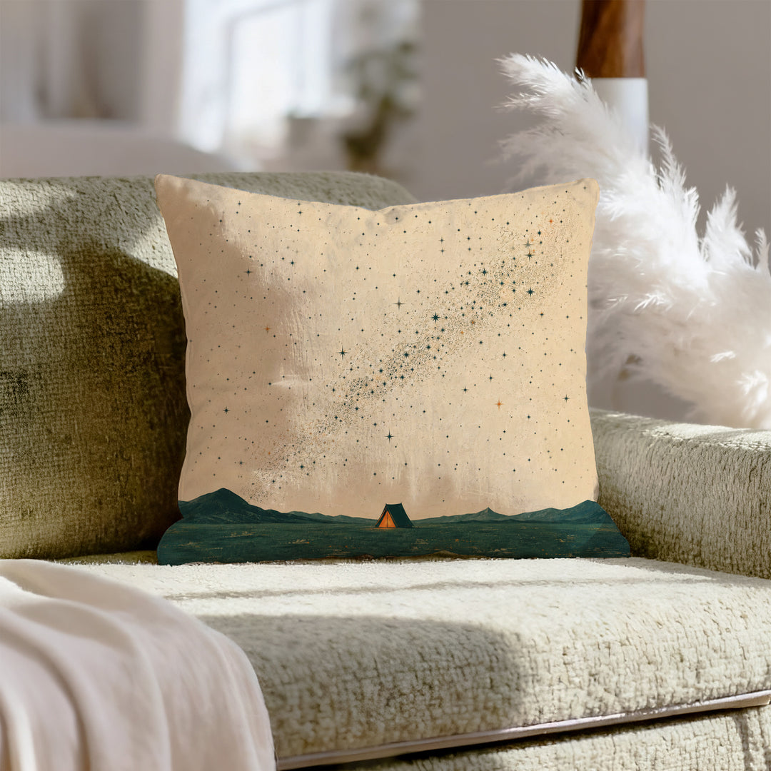 One Tent, Ten Thousand Stars – Outdoor Wall Art with a Glowing Shelter at Night – Pillow / Cover