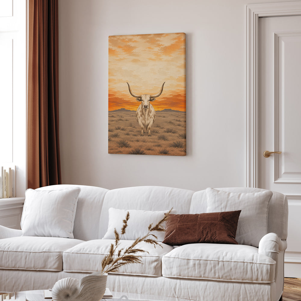 Longhorn Sunset – Western Wall Art with a Horned Silhouette at Dusk – Canvas Wall Art
