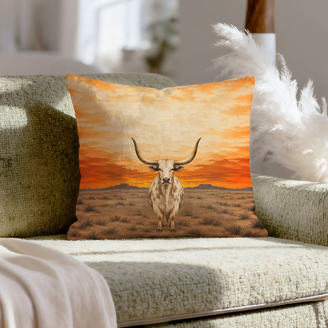 Longhorn Sunset – Western Wall Art with a Horned Silhouette at Dusk – Pillow / Cover