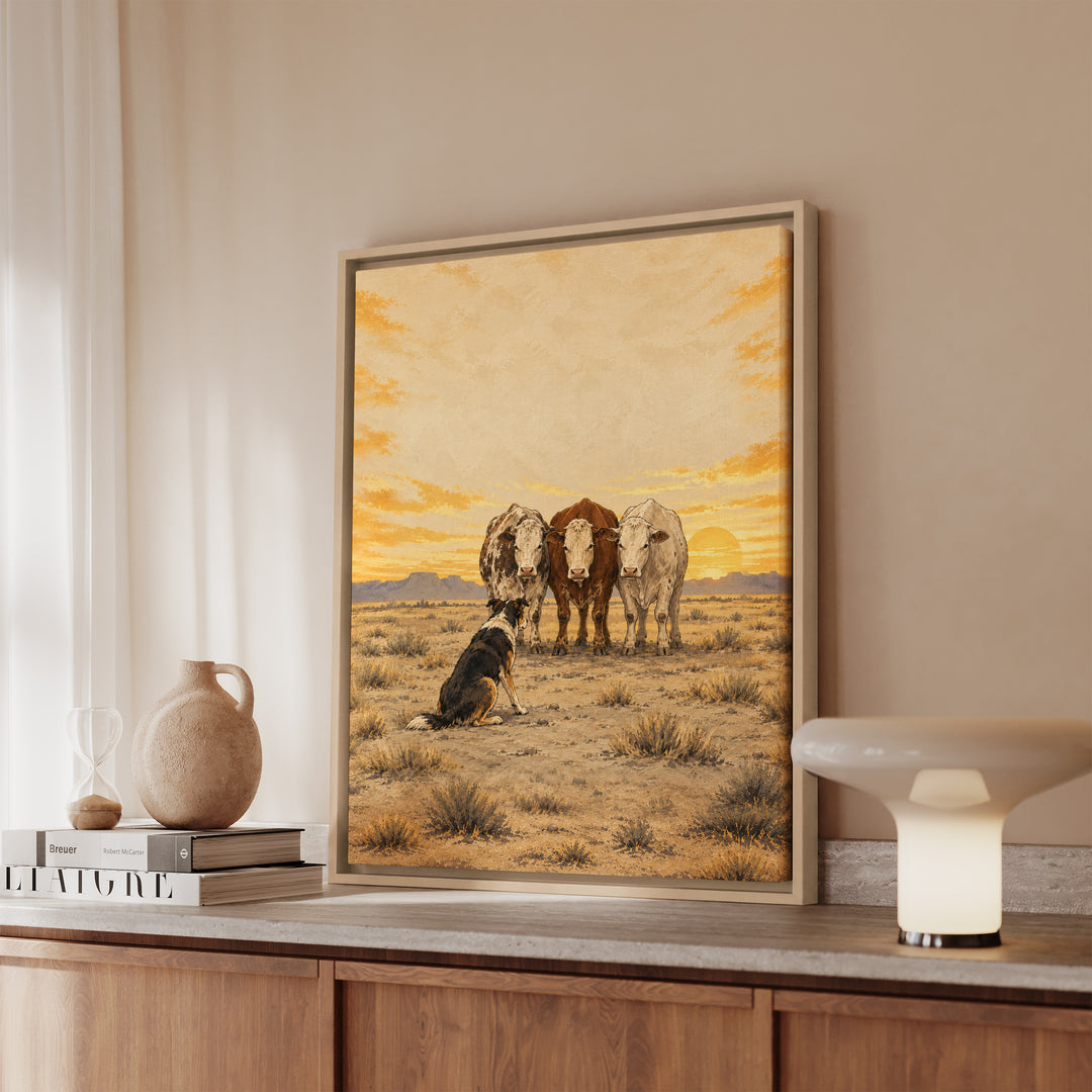 The Ranch Hand – Western Decor with a Dog Herding Stubborn Cows – Framed Canvas Wall Art