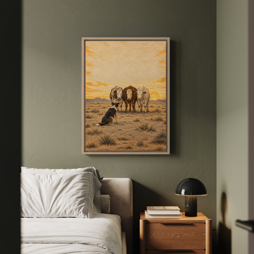 The Ranch Hand – Western Decor with a Dog Herding Stubborn Cows – Framed Canvas Wall Art