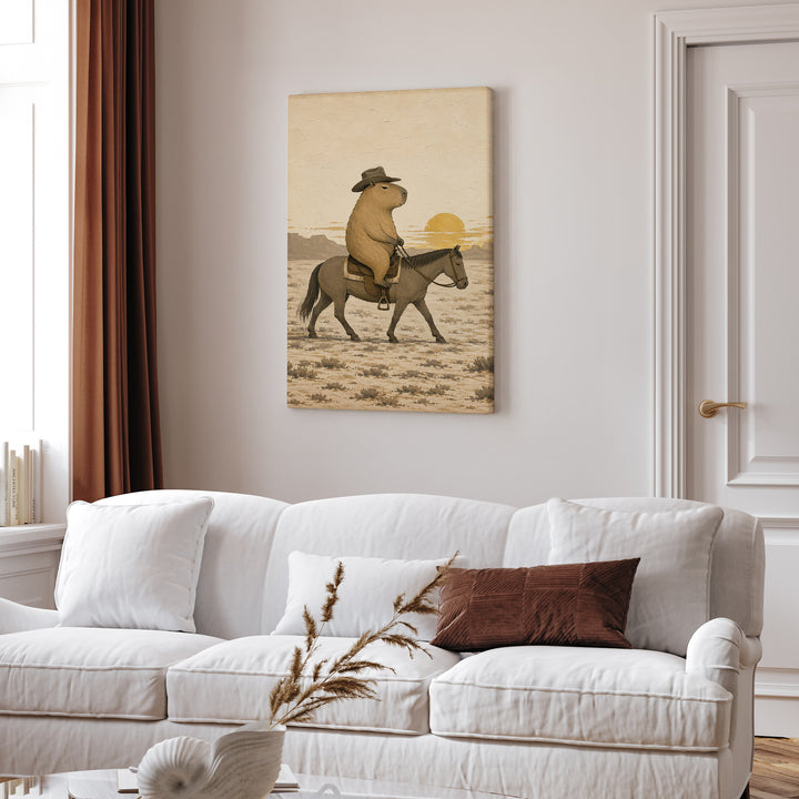 Yeehaw Capybara – Western Decor with a Calm Rider in a Cowboy Hat – Canvas Wall Art