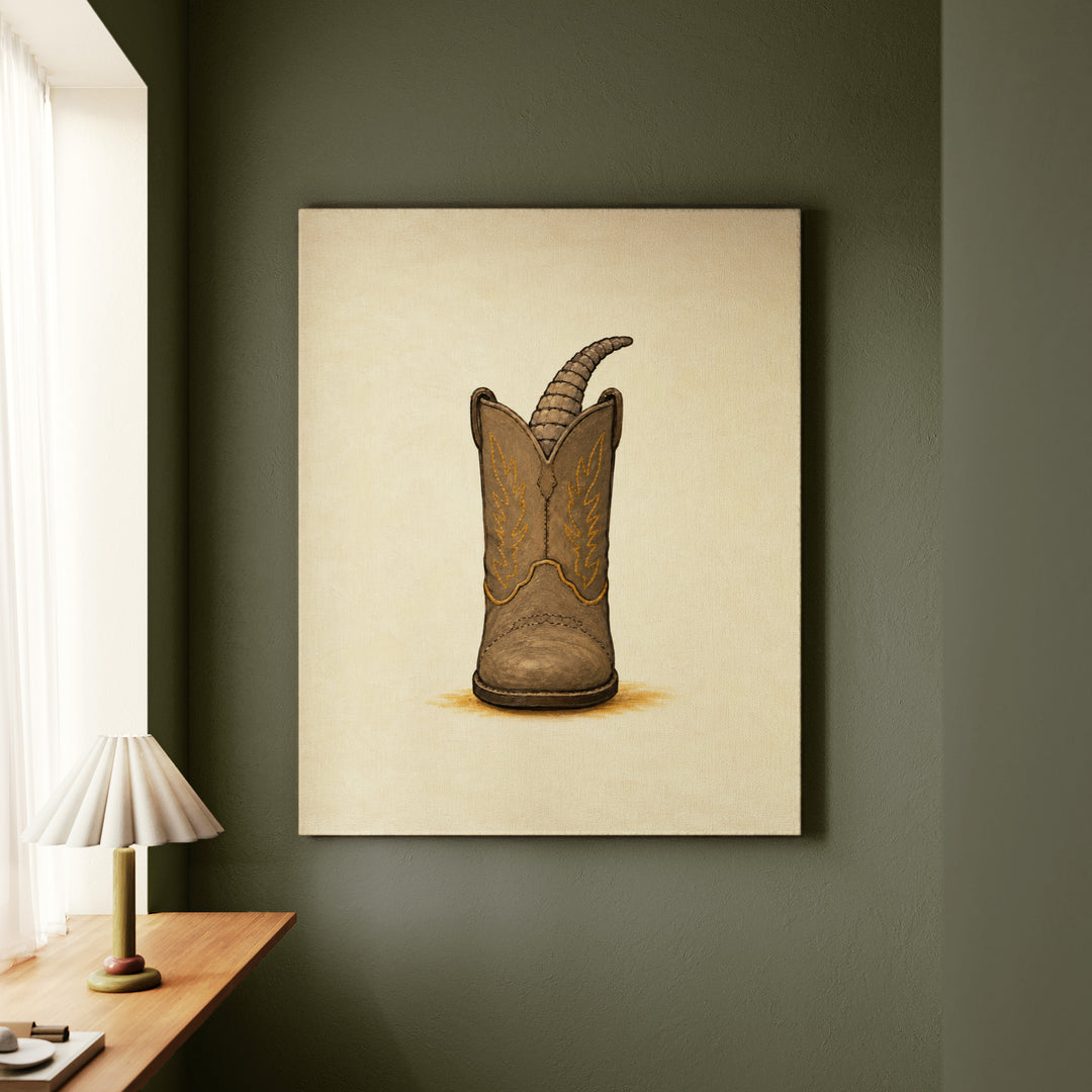Boots & Paws – Cowboy Decor with an Armadillo Asleep in a Boot – Canvas Wall Art