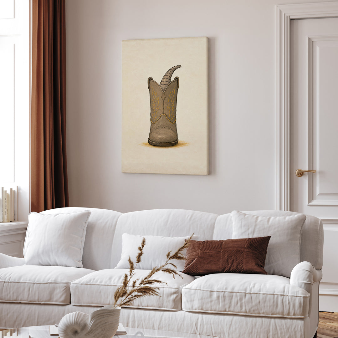 Boots & Paws – Cowboy Decor with an Armadillo Asleep in a Boot – Canvas Wall Art