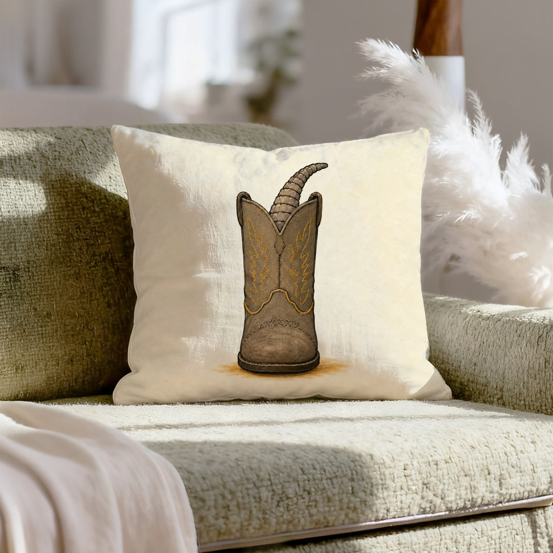 Boots & Paws – Cowboy Decor with an Armadillo Asleep in a Boot – Throw Pillow