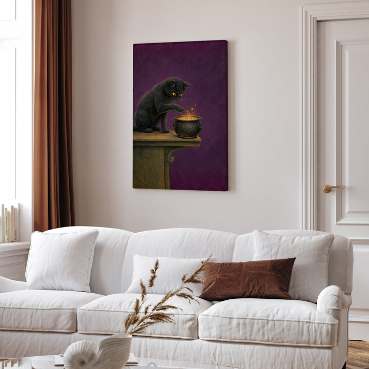 Potion Quality Control – Whimsigoth Decor with a Paw Over a Bubbling Brew – Canvas / Framed Canvas