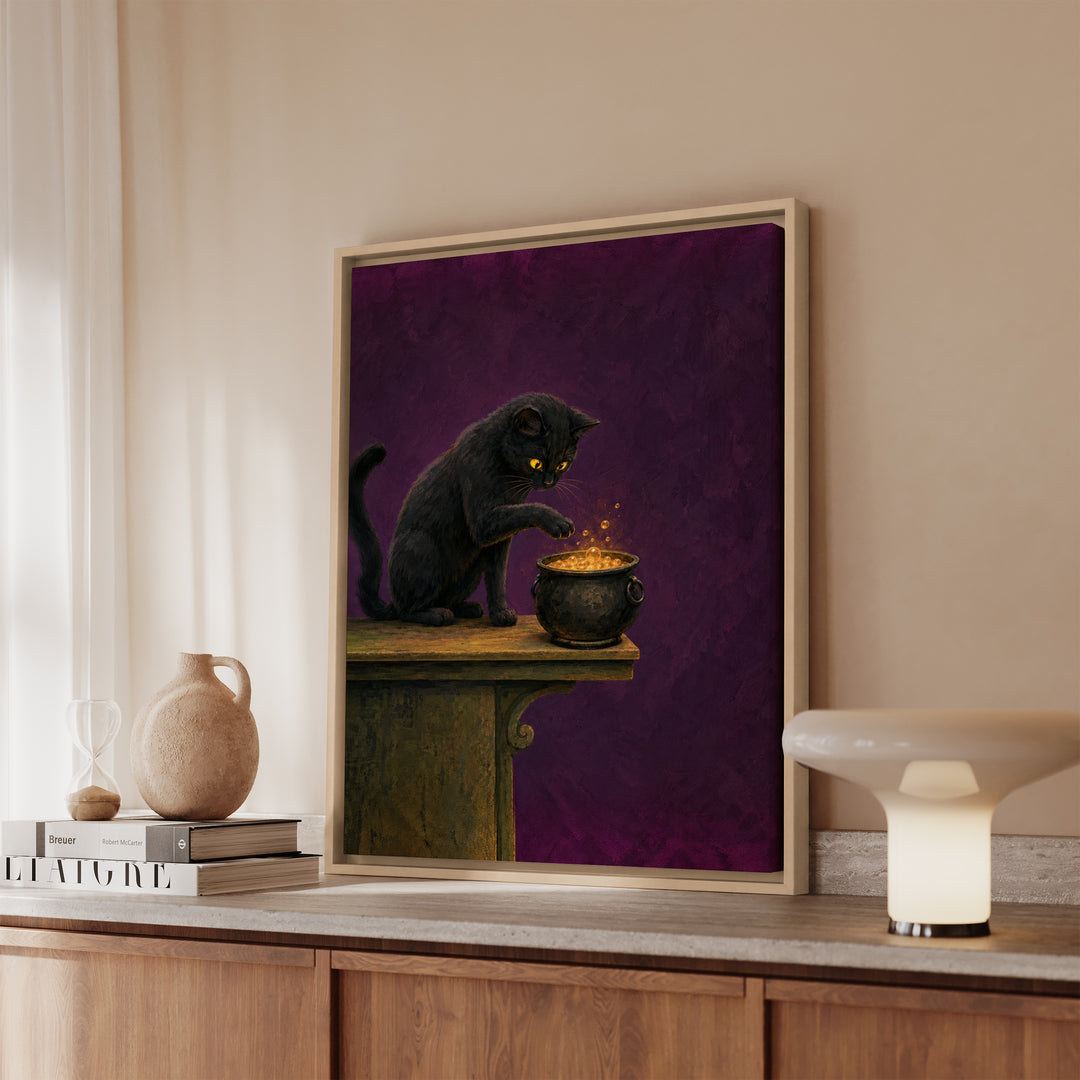 Potion Quality Control – Whimsigoth Decor with a Paw Over a Bubbling Brew – Framed Canvas Wall Art