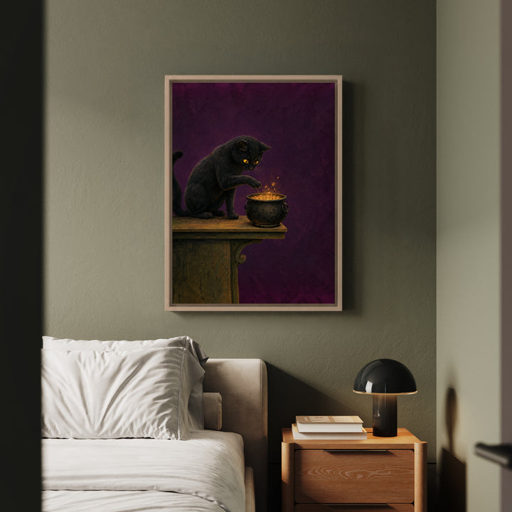 Potion Quality Control – Whimsigoth Decor with a Paw Over a Bubbling Brew – Framed Canvas Wall Art