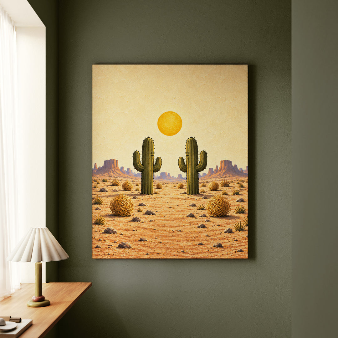 High Noon – Western Decor with Two Cacti and a Tumbleweed – Canvas Wall Art