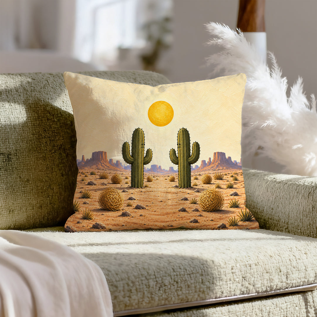 High Noon – Western Decor with Two Cacti and a Tumbleweed – Throw Pillow