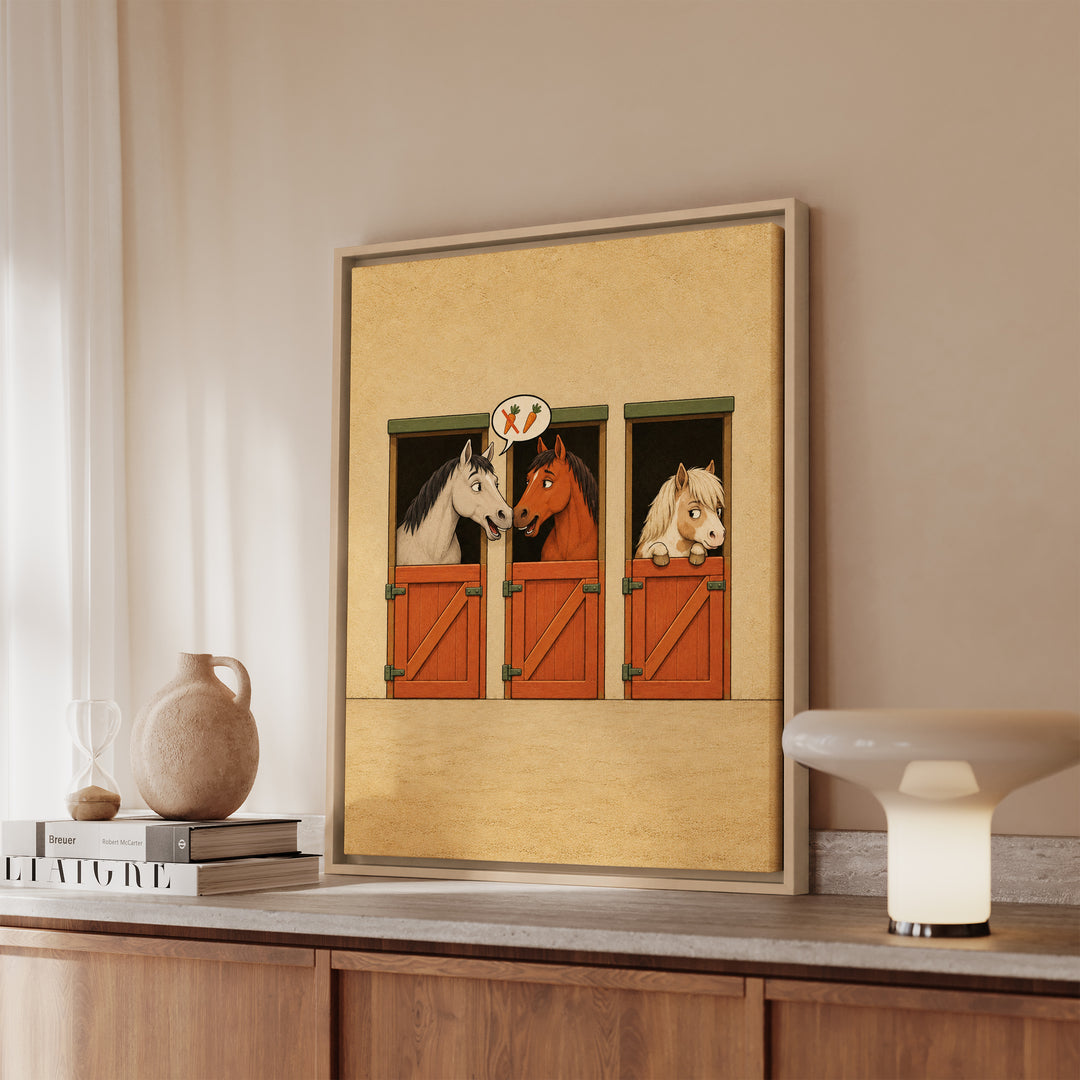 Stable Gossip – Horse Art with Two Stall Doors and a Rumor – Framed Canvas Wall Art