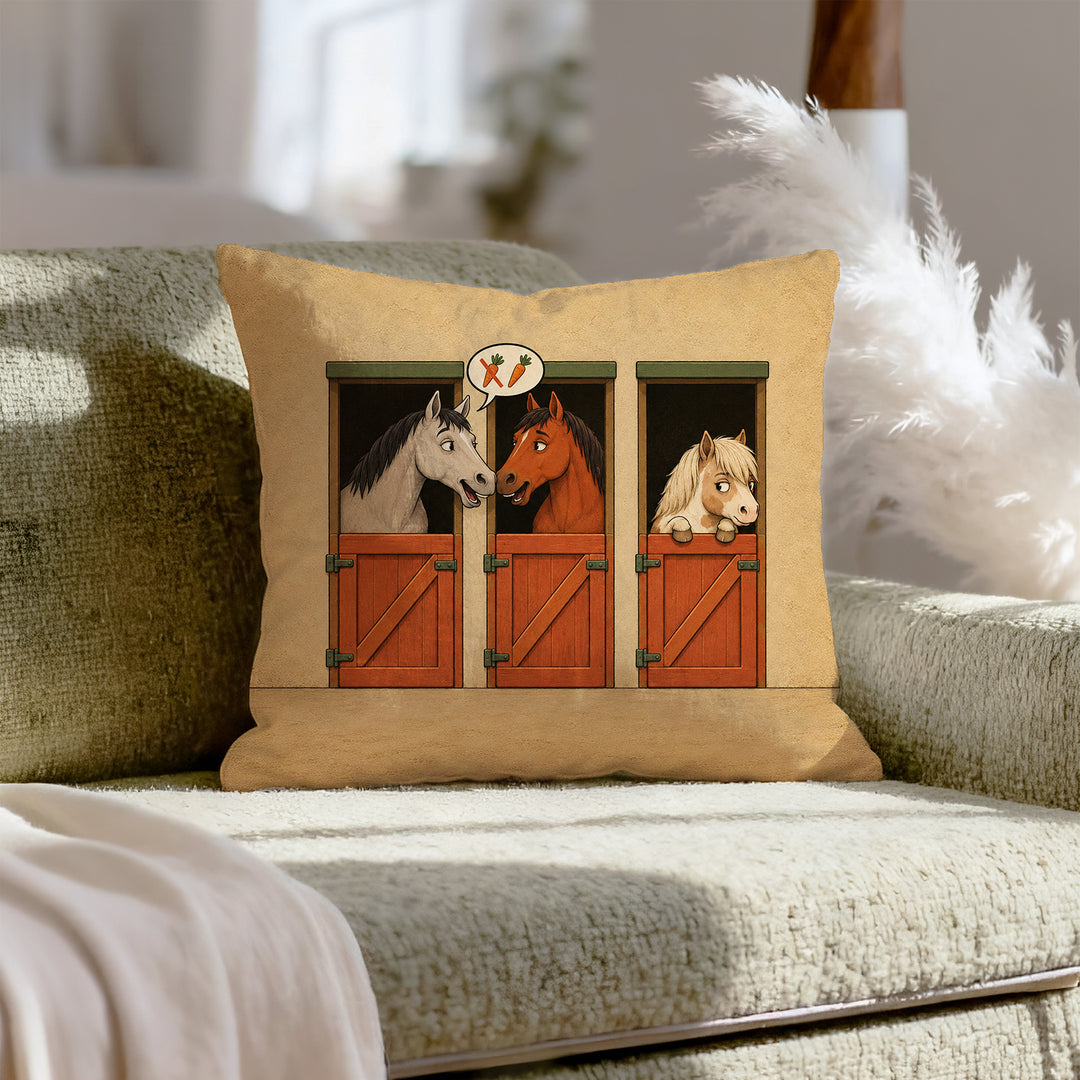 Stable Gossip – Horse Decor with Two Stall Doors and a Rumor – Pillow Cover