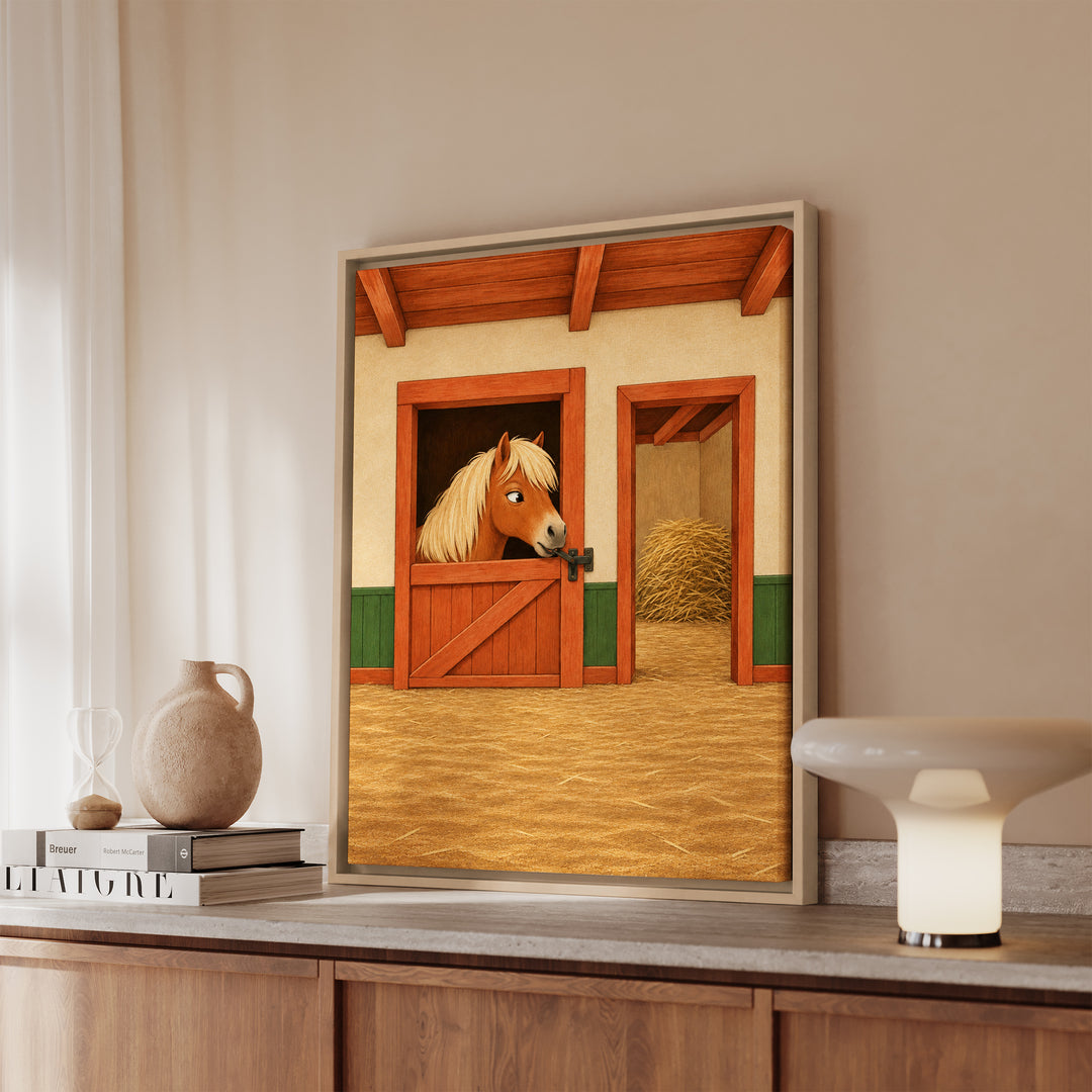 The Escape Artist – Horse Wall Art with a Latch Lifted by Lips – Framed Canvas Wall Art