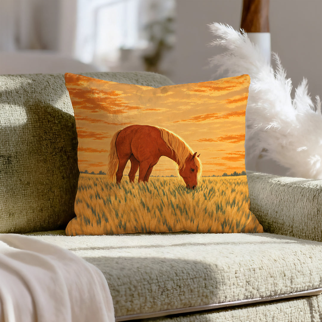 Golden Hour Grazer – Horse Painting with a Backlit Evening Pasture – Pillow / Cover