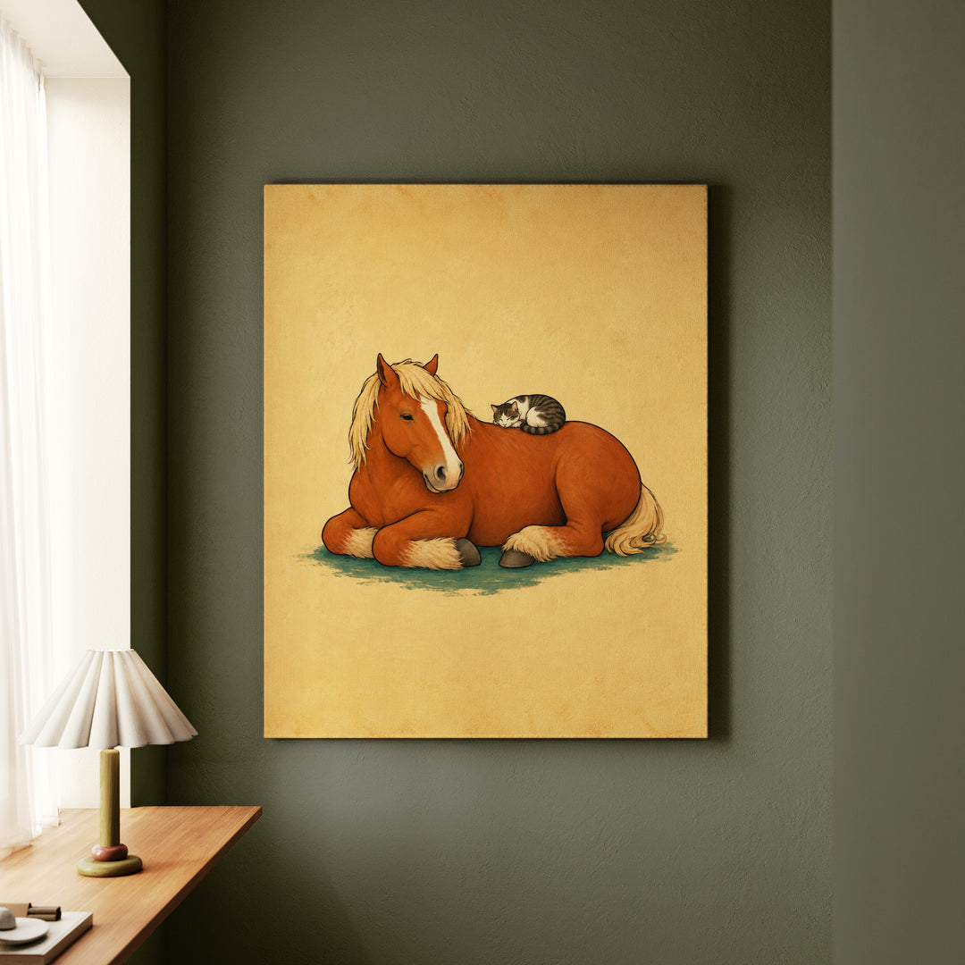 The Barn Cat & The Giant – Horse Painting with a Sleeper on a Broad Back – Canvas / Framed Canvas