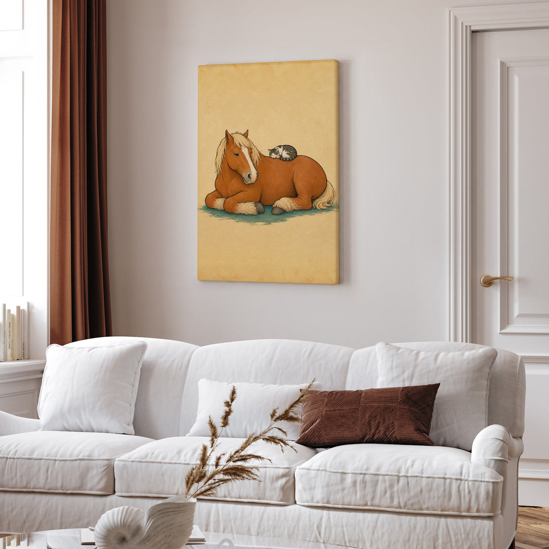 The Barn Cat & The Giant – Horse Painting with a Sleeper on a Broad Back – Canvas / Framed Canvas