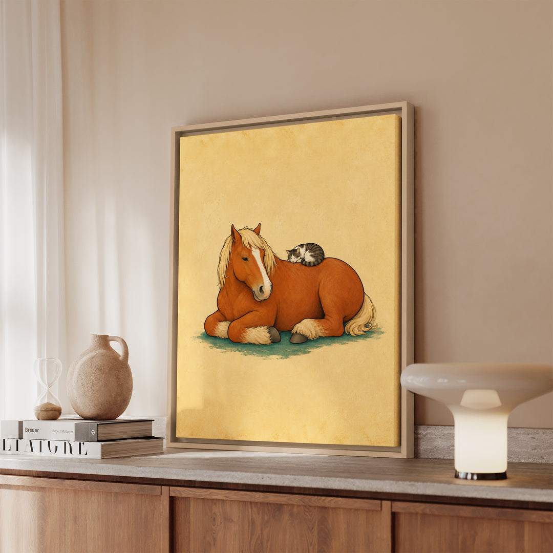 The Barn Cat & The Giant – Horse Painting with a Sleeper on a Broad Back – Framed Canvas Wall Art