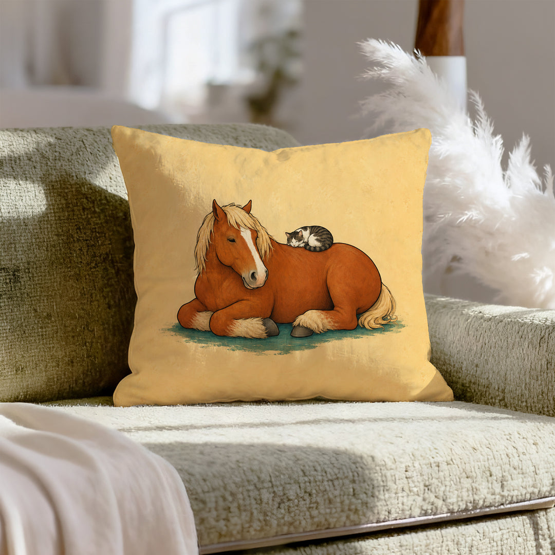The Barn Cat & The Giant – Horse Painting with a Sleeper on a Broad Back – Pillow / Cover