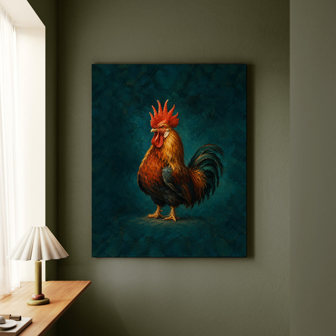Portrait of the Rooster – Rooster Art with a Comb Like a Painted Crown – Canvas / Framed Canvas