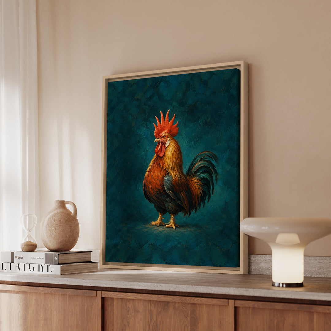 Portrait of the Rooster – Rooster Art with a Comb Like a Painted Crown – Framed Canvas Wall Art