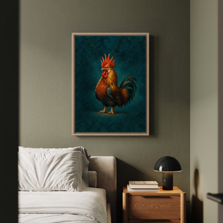 Portrait of the Rooster – Rooster Art with a Comb Like a Painted Crown – Framed Canvas Wall Art