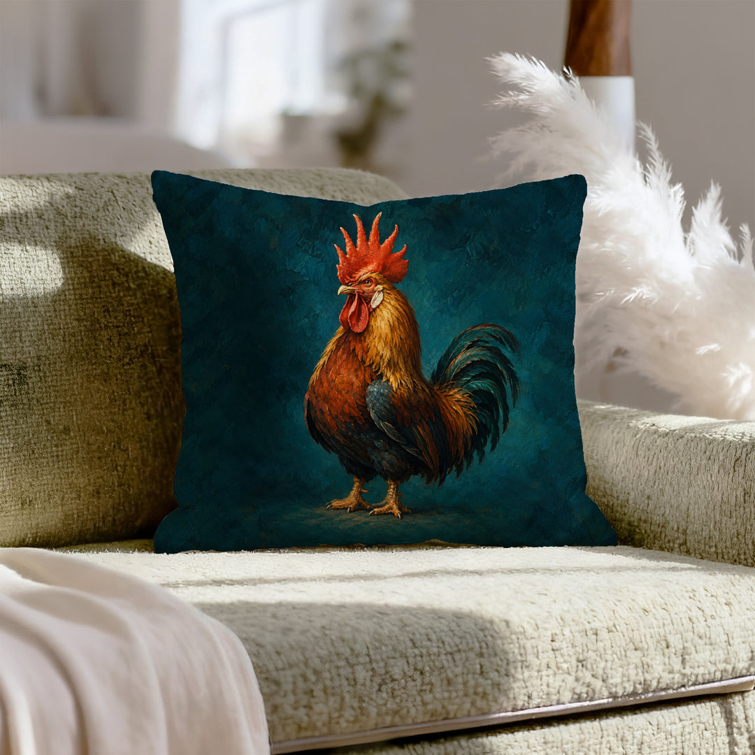 Portrait of the Rooster – Rooster Art with a Comb Like a Painted Crown – Pillow / Cover