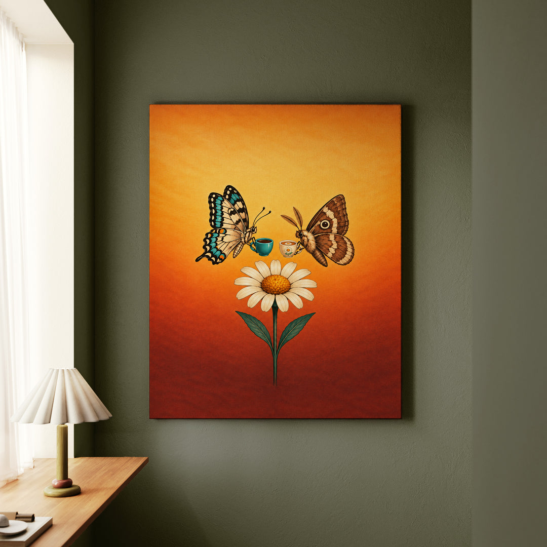 Garden Shift Change – Butterfly Wall Art with a Dusk Handover at a Flower – Canvas Wall Art