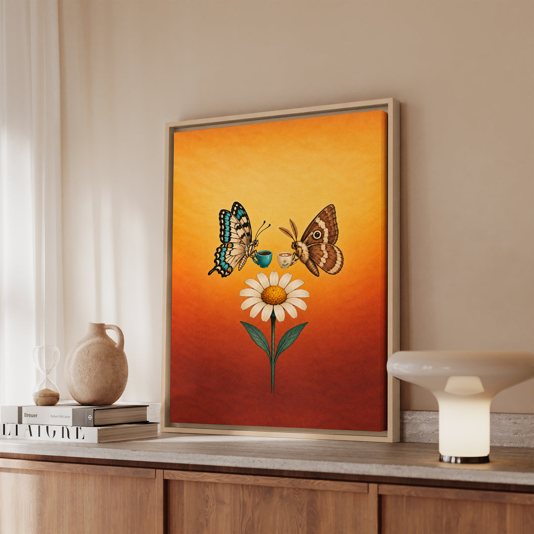 Garden Shift Change – Butterfly Wall Art with a Dusk Handover at a Flower – Framed Canvas Wall Art